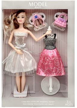 בובת אופנה עם מעמד ושמלה להחלפה כולל כתר ותיק