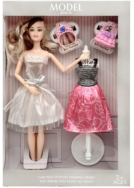 בובת אופנה עם מעמד ושמלה להחלפה כולל כתר ותיק