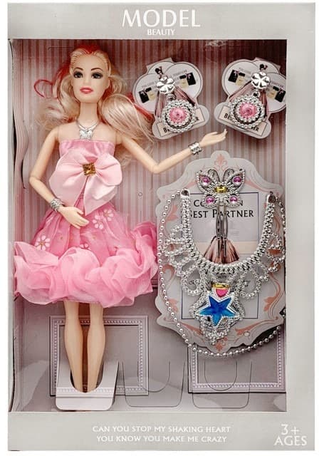 בובת אופנה עם שמלה כולל זוג עגילים ושרשרת