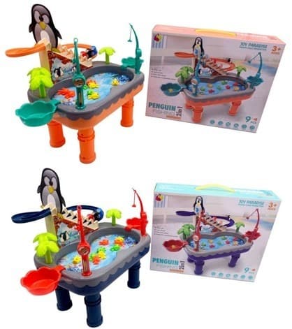 מעמד משחק דגים ומדרגות פינגווינים כולל אורות ומוזיקה