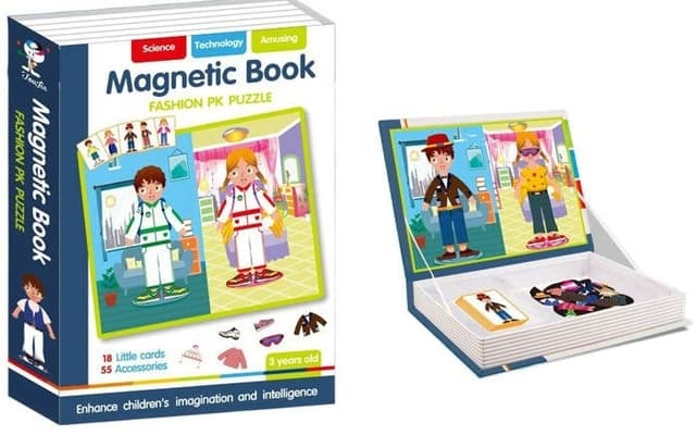 ספר פאזל מגנטי להתאמת תלבושות כולל 18 קלפים ו 55 אביזרים