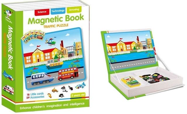 ספר פאזל מגנטי להתאמת כלי תחבורה כולל 18 קלפים ו 59 אביזרים