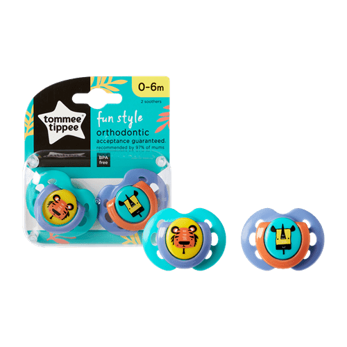 זוג מוצצים צבעוניים עם איורי חיות 0-6 חודשים