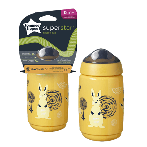 בקבוק מים צהוב 390 מ"ל לפעוטות 12m+ עם פיה חסין דליפות Tommee Tippee Superstar Sipper