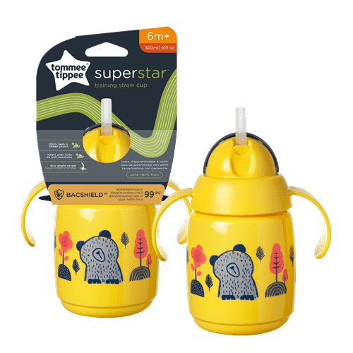בקבוק אימון צהוב 300 מ"ל לפעוטות 6m+ עם קש חסין דליפות Tommee Tippee Superstar