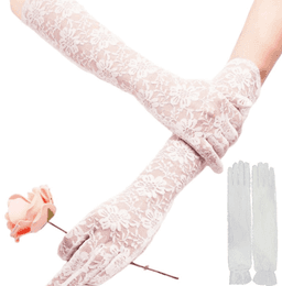 זוג כפפות תחרה ארוך לבן 38 ס"מ בשקית PVC עם כארד