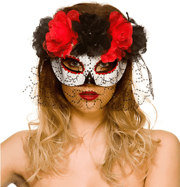 מסכה חצי פנים יום המתים עם הינומה ופרחים בשקית PVC עם כארד / 6 יחידות במארז