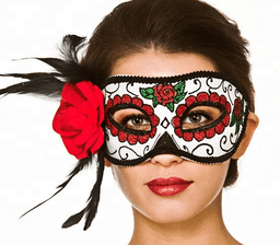 מסכה חצי פנים יום המתים עם פרח בצד ונוצות על כארד / 6 יחידות במארז