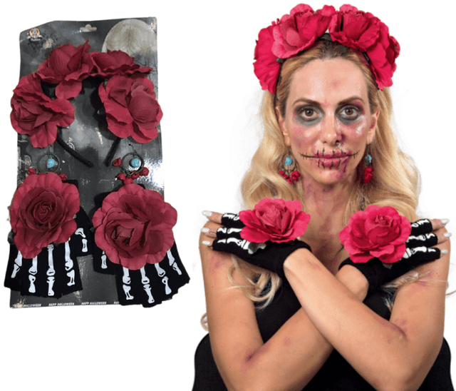 מארז סט שלד מקסיקני יום המתים כולל קשת עגילים וכפפות על כארד/ 3 יחידות במארז