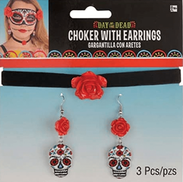 זוג עגילים גולגולות עם פרחים יום המתים על כארד/ 6 יחידות במארז