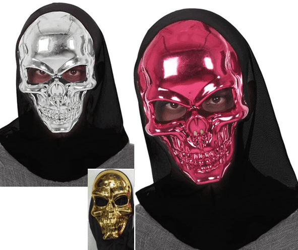מסכה גולגולת מבריקות עם כיסוי ראש שחור בשקית PVC עם כארד/ 6 יחידות במארז מיקס צבעים
