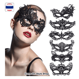 מסכת נשף ונציה תחרה שחור על כארד מיקס דגמים / 6 יחידות במארז