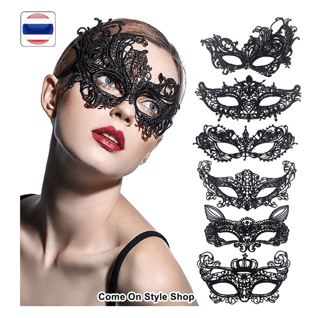 מסכת נשף ונציה תחרה שחור על כארד מיקס דגמים / 6 יחידות במארז