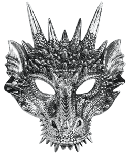 מסכה דרקון כסף פלסטיק על כארד/ 6 יחידות במארז