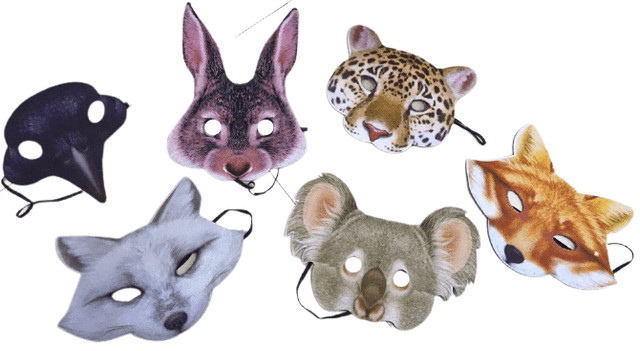 מסכות חיות דמוי בד על כארד מיקס 6 דגמים / 12 יחידות במארז