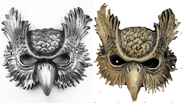 מסכה ינשוף זהב כסף מחומר גומי רך על כארד תלייה / 2 יחידות במארז