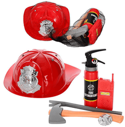 סט לכבאי כולל כובע, מטף כיבוי, מכשיר קשר, גרזן, תג ולום ברשת