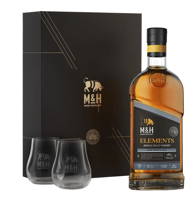 מארז וויסקי סינגל מאלט מילק & האני אלמנטס יין אדום + 2 כוסות