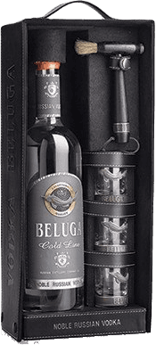 וודקה בלוגה גולד אריזת עור + 3 כוסות