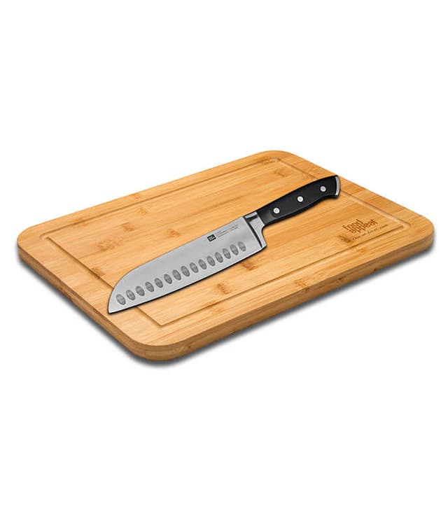 סט קרש חיתוך במבוק + סכין סנטוקו מקצועית 18 ס"מ CULT - HOM'S