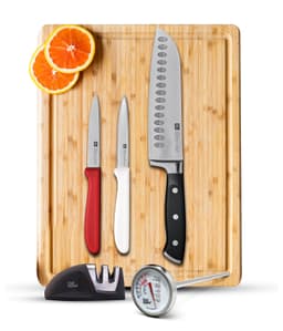 סט 6 חלקים - קרש חיתוך + סכין סנטוקו + 2 סכיני ירקות + משחיז + מדחום לבשר מבית Food appeal * * * - HOM'S
