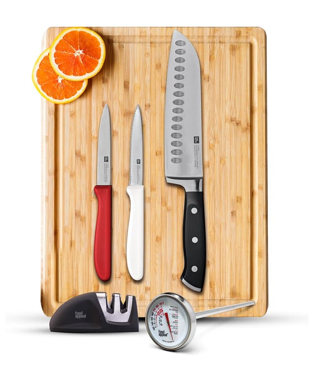 סט 6 חלקים - קרש חיתוך + סכין סנטוקו + 2 סכיני ירקות + משחיז + מדחום לבשר מבית Food appeal * * * - HOM'S