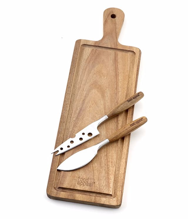 מארז לחיתוך גבינות - 2 סכינים + משטח מלבני מעץ שיטה מבית Food appeal - HOM'S