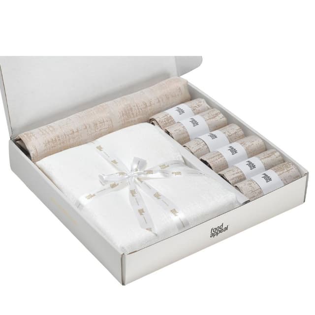 מארז מפת שולחן 260 ס"מ +ראנר 120X45 ס"מ + 6 מפיות 40X40 ס"מ