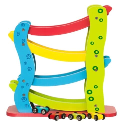 צעצוע מעץ, מגלשת מכוניות מעץ צבעונית כולל 4 מכוניות מעץ.