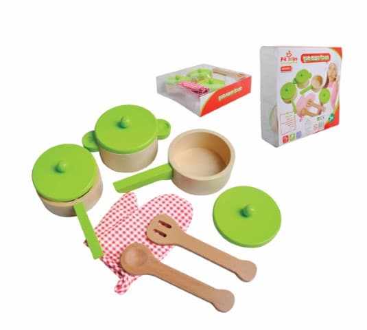 סט כלי מטבח מעץ משולב צבע ירוק הכולל מחבת, שני סירים, כפפת חום, וכלי הגשה. - ToySale חנות הצעצועים הזולה במדינה