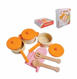 סט כלי מטבח מעץ משולב צבע כתום הכולל מחבת, שני סירים, כפפת חום, וכלי הגשה. - ToySale חנות הצעצועים הזולה במדינה