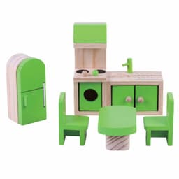 ריהוט מעץ מלא לבית בובות מטבח לבית בובות הכולל מטבח, מקרר, שולחן אוכל וכיסאות. - ToySale חנות הצעצועים הזולה במדינה