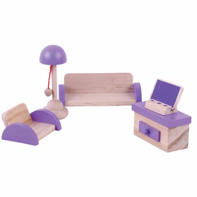 ריהוט מעץ מלא לבית בובות סלון לבית בובות הכולל ספה, כורסת טלויזיה, מנורת לילה, מזנון וטלויזיה - ToySale חנות הצעצועים הזולה במדינה