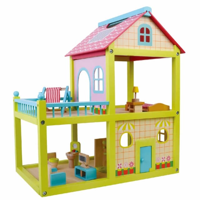 בית בובות שתי קומות מעץ מלא כולל מרפסת שמש, עלית גג וריהוט מלא לבית. - ToySale חנות הצעצועים הזולה במדינה