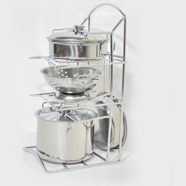 סט כלי מטבח לילדים מנירוסטה הכולל סיר ומכסה, מסננת ומעמד מדהים לאחסון וייבוש כלי מטבח לבישול ואפייה - ToySale חנות הצעצועים הזולה במדינה