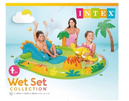 בריכת פעילות מתנפחת לפעוטות, בעיצוב פרהיסטורית כולל מגלשת מים דגם 57166 במידות 191X152X58ס"מ מבית INTEX - ToySale חנות הצעצועים הזולה במדינה