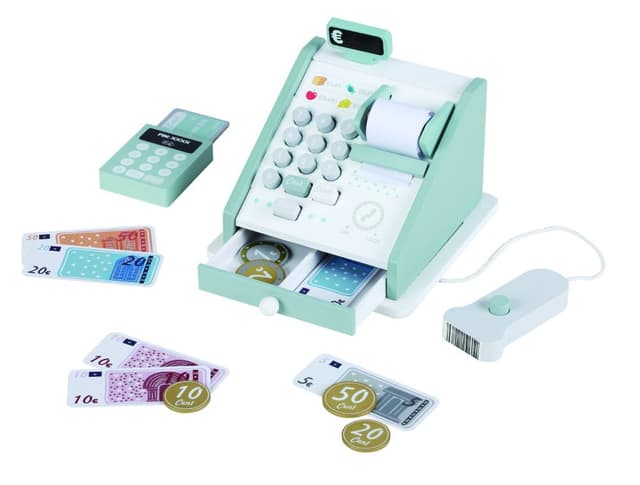 קופה רושמת לילדים מעץ בצבעי טורקיז ולבן כולל מצרכי קופה ואביזרים נלווים - ToySale חנות הצעצועים הזולה במדינה