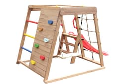 מתקן טיפוס לחצר עשוי מעץ אורן איכותי בצבעי עץ בעיצוב קשת בענן עם סולם חבלים, נדנדה ומגלשה. - ToySale חנות הצעצועים הזולה במדינה