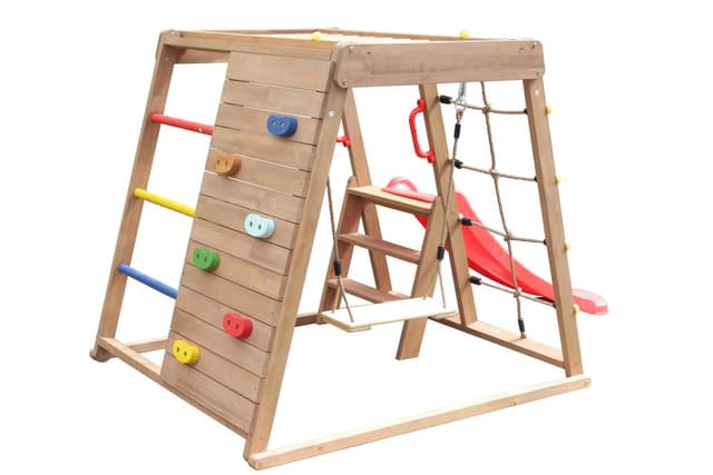 מתקן טיפוס לחצר עשוי מעץ אורן איכותי בצבעי עץ בעיצוב קשת בענן עם סולם חבלים, נדנדה ומגלשה. - ToySale חנות הצעצועים הזולה במדינה