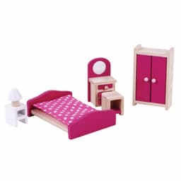 ריהוט מעץ מלא לבית בובות, חדר שינה לבית בובות הכולל מיטה, ארון בגדים, שידה ומנורת לילה, שידת איפור וכיסא. - ToySale חנות הצעצועים הזולה במדינה