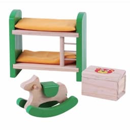 ריהוט מעץ מלא לבית בובות, חדר ילדים לבית בובות הכולל מיטת קומותיים,סוס נדנדה וארגז מצעים - ToySale חנות הצעצועים הזולה במדינה