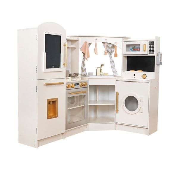 מטבח אלקטרוני מפואר מעץ לילדים, דגם אסף בצבע לבן שמנת כולל מקרר בר מים, מכונת כביסה, כיריים חשמליים, תנור, מיקרוגל, כיור עם ברז - ToySale חנות הצעצועים הזולה במדינה