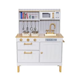 מטבח מעוצב מעץ לילדים בצבע לבן דגם שרון עם כיריים אלקטרוניים, תנור, כיור עם ברז וכלי מטבח. - ToySale חנות הצעצועים הזולה במדינה