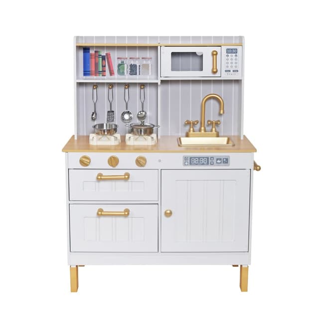 מטבח מעוצב מעץ לילדים בצבע לבן דגם שרון עם כיריים אלקטרוניים, תנור, כיור עם ברז וכלי מטבח. - ToySale חנות הצעצועים הזולה במדינה