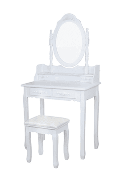 שידת איפור בצבע לבן מעץ מדהימה לילדים דגם נוגה כולל שולחן ושרפרף, מראה ומגירות אחסון - ToySale חנות הצעצועים הזולה במדינה