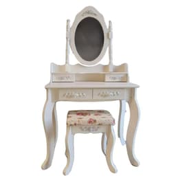 שידת איפור בצבע שמנת מעץ מדהימה לילדים דגם נוגה כולל שולחן ושרפרף, מראה ומגירות אחסון - ToySale חנות הצעצועים הזולה במדינה