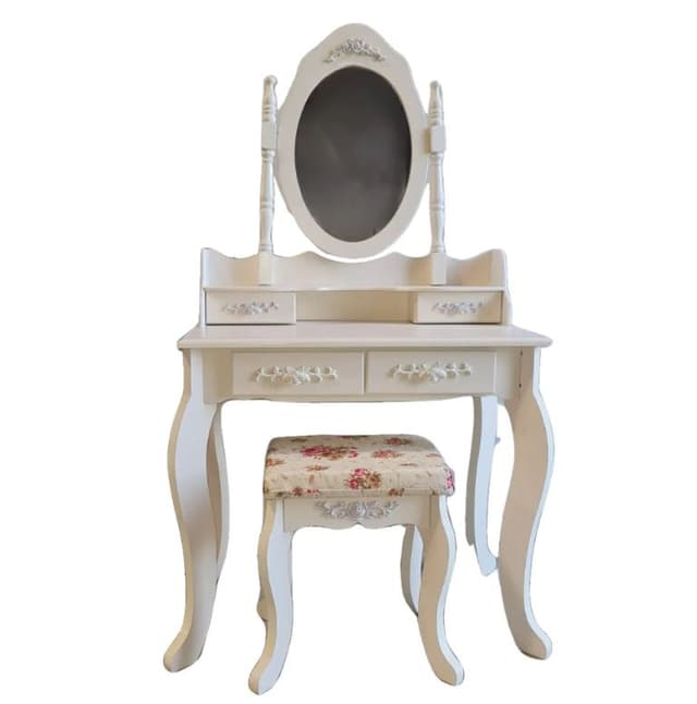 שידת איפור בצבע שמנת מעץ מדהימה לילדים דגם נוגה כולל שולחן ושרפרף, מראה ומגירות אחסון - ToySale חנות הצעצועים הזולה במדינה