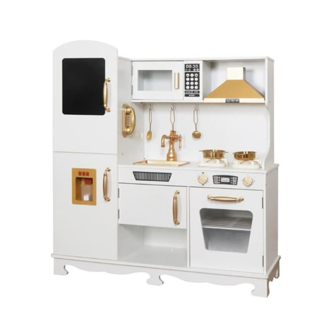 מטבח עץ גדול לילדים דגם לורין בצבעי לבן וזהב כולל כיריים אלקטרוניים וצלילים מבר המים - ToySale חנות הצעצועים הזולה במדינה