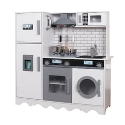 מטבח עץ צעצוע מדהים בצבע לבן לילדים, דגם עידו כולל אביזרי מטבח , תאורה בארונות וצלילים בכיריים עם בקולט אדים, ומיקרוגל, תנור ומכונת כביסה - ToySale חנות הצעצועים הזולה במדינה