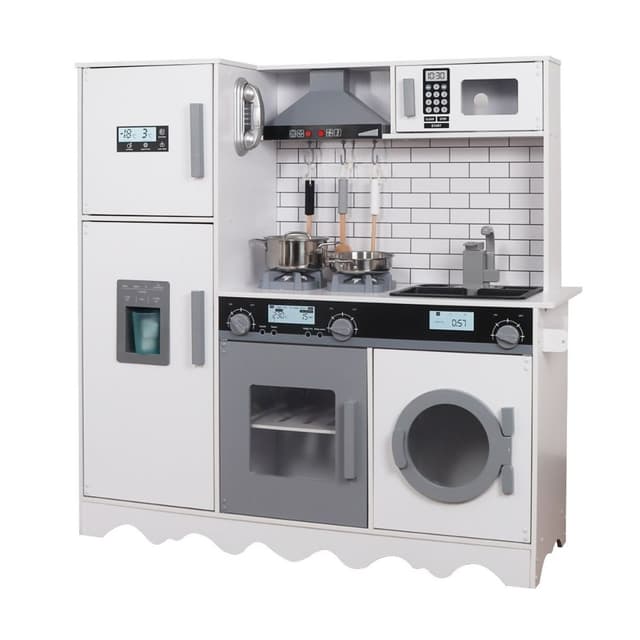 מטבח עץ צעצוע מדהים בצבע לבן לילדים, דגם עידו כולל אביזרי מטבח , תאורה בארונות וצלילים בכיריים עם בקולט אדים, ומיקרוגל, תנור ומכונת כביסה - ToySale חנות הצעצועים הזולה במדינה